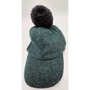 Vintage Green Tweed Wool Cap With Black Pom-Pom & Ear Flaps